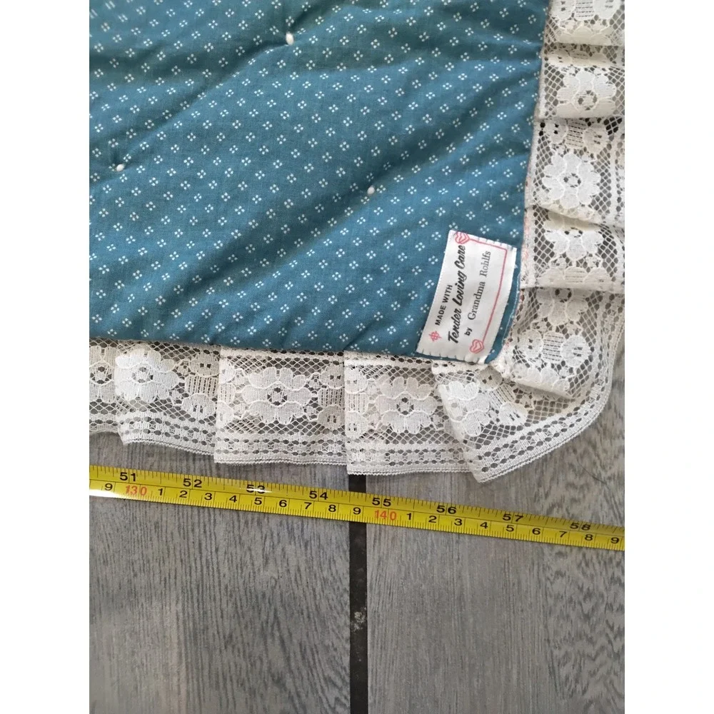 Handmade Vintage Teddy‎ Bear Quilted Baby Blanket Lace Trim Teal Peach 46x58